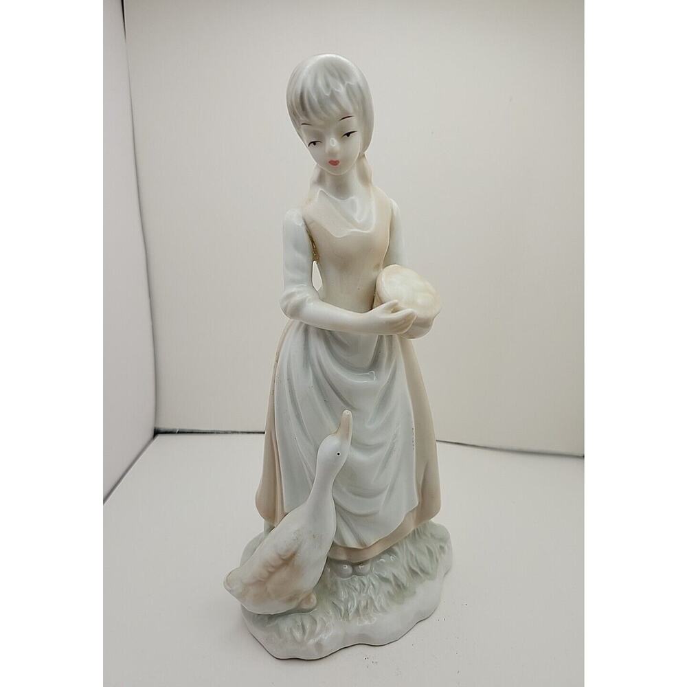 Vtg Porcelain Hand Painted Girl with Goose & Basket of Eggs Figurine 8" Tall